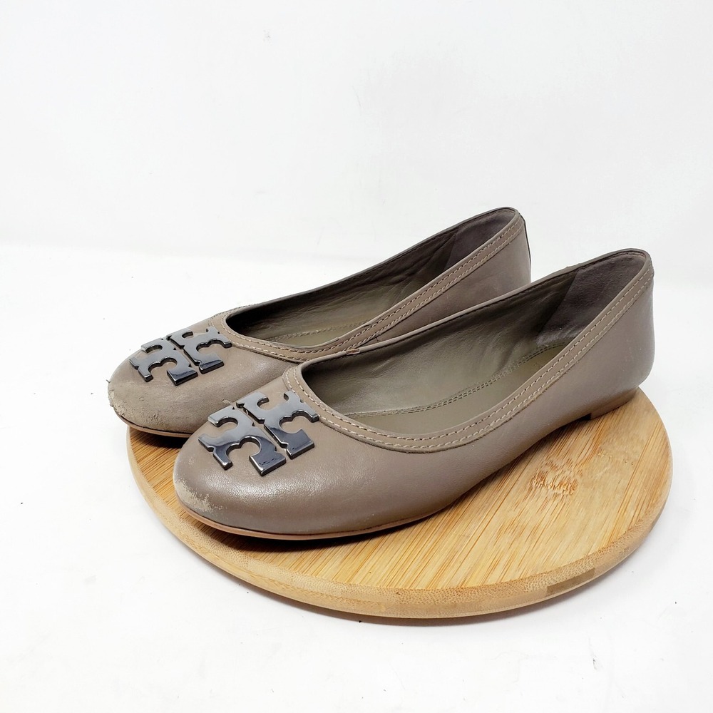 Tory Burch Laura Womens 7 Metal‎ Logo Taupe Brown Ballet Flat Slip On Shoe WORN